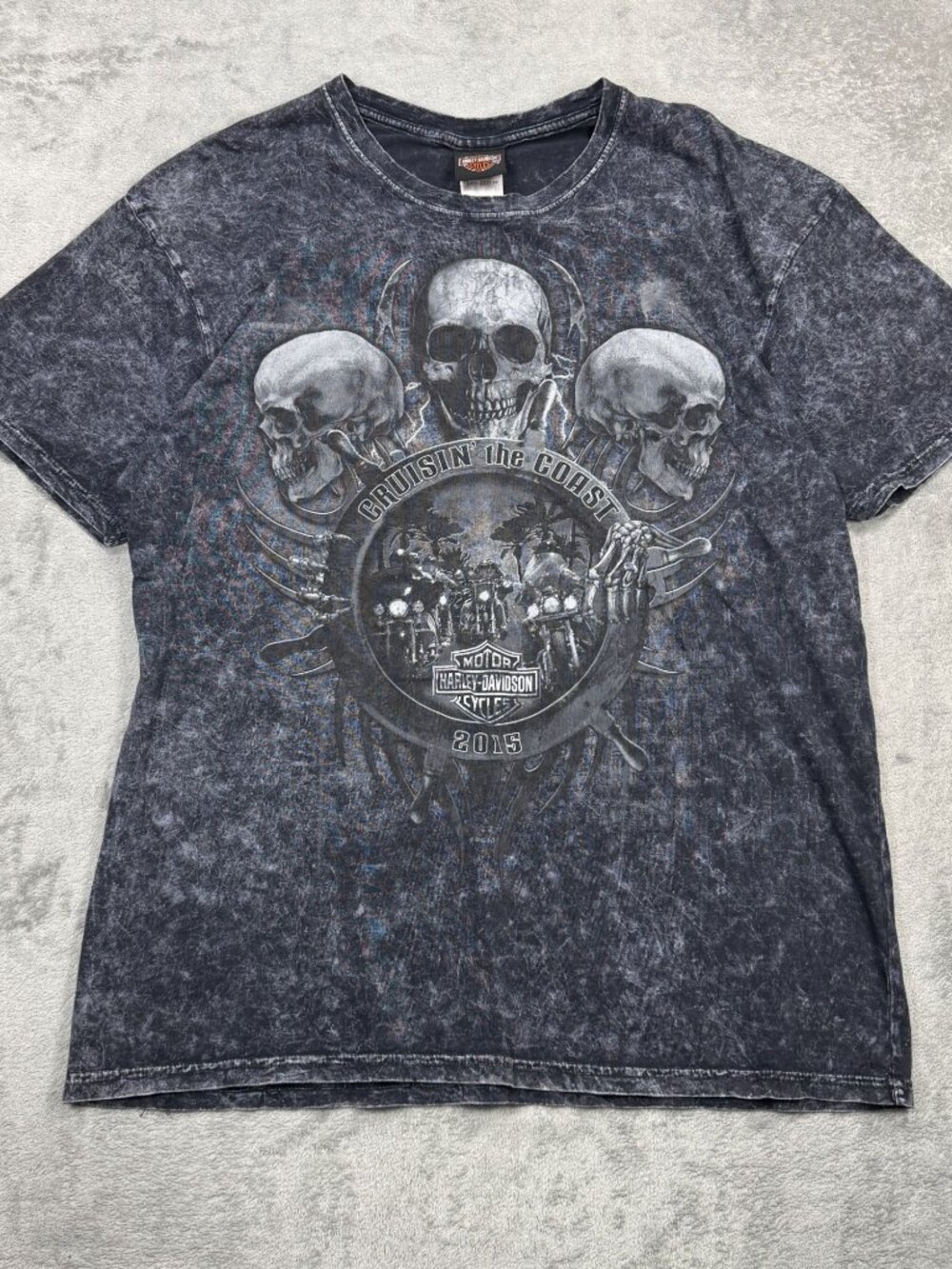 Harley Davidson Stone Wash Skull T-Shirt Mens XL Biker Grunge Streetwear Skater